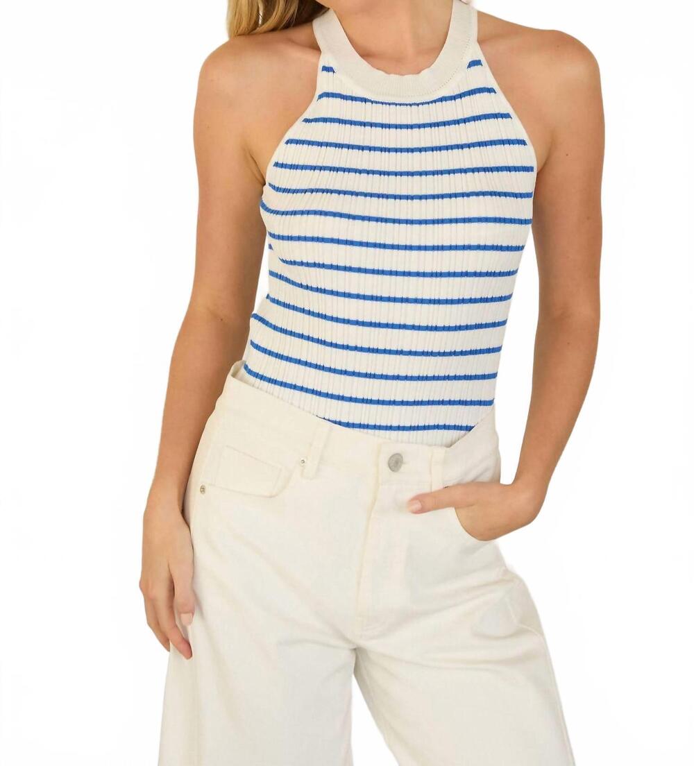 NEW SKIES ARE BLUE stripe rib knit tank top in white-blue
